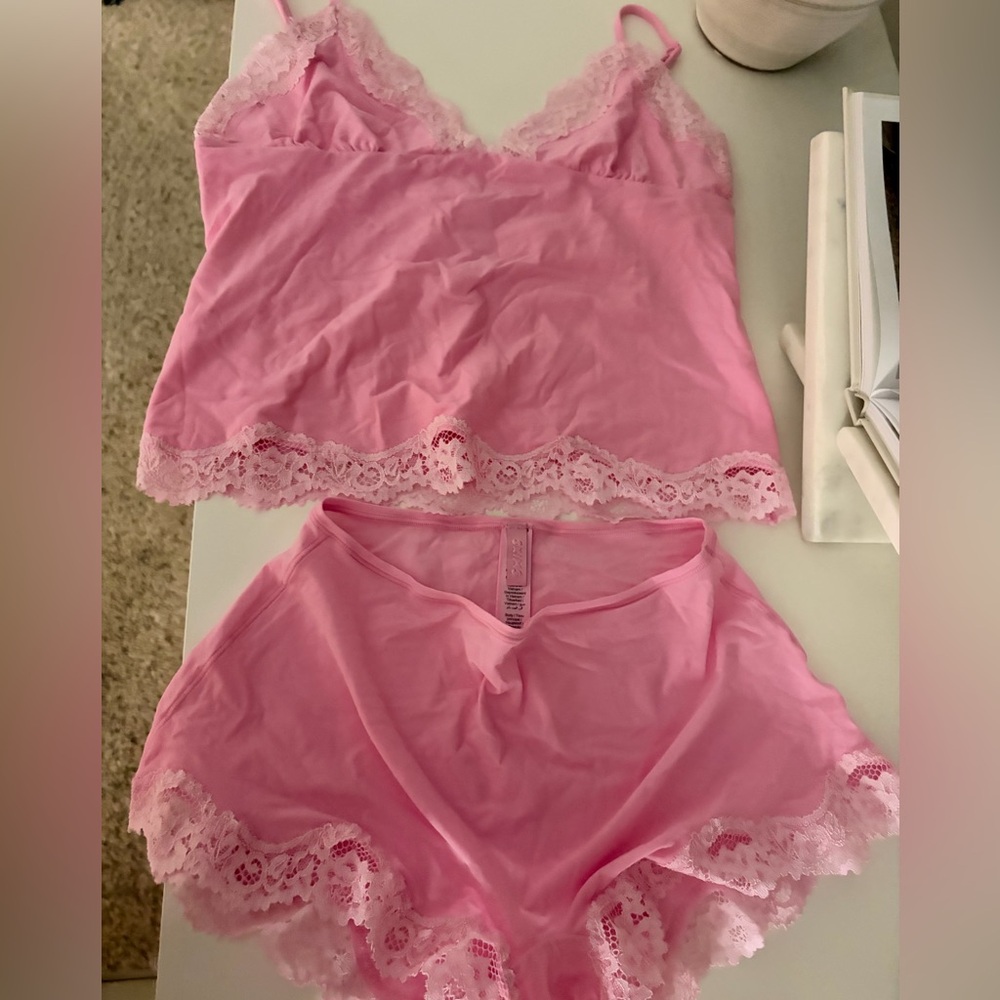 SKIMS Pink Lace Trim Pajama Set